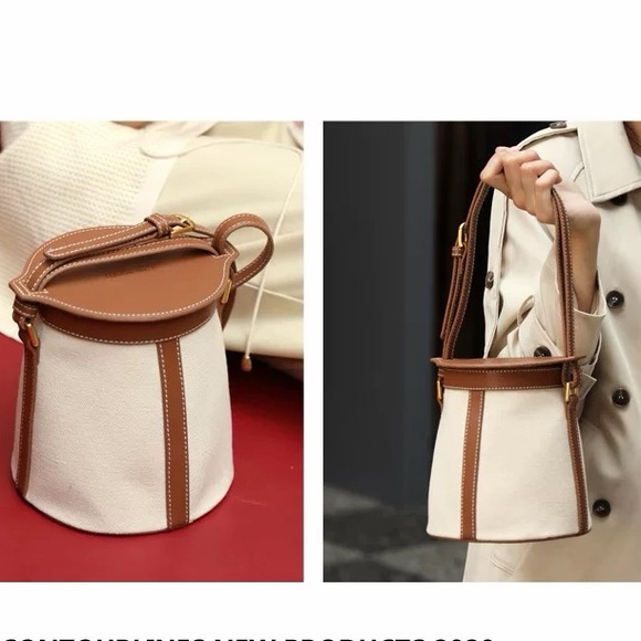Canvas Leather Trim Bucket Bag Adjustable Shoulder‎ & Crossbody Bag Casual Bag - Picture 4 of 9